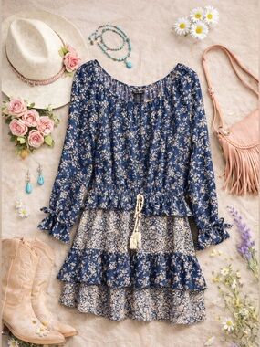 Like New Wrangler Retro Boho Tiered Dress L Floral Cowgirl Prairie Festival